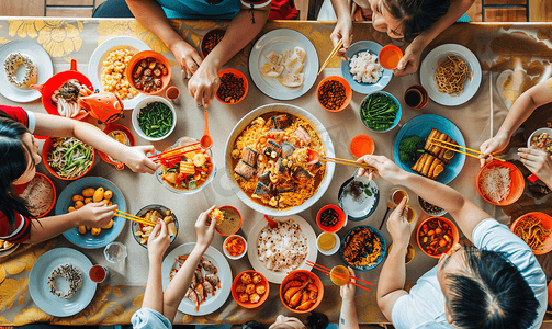 传统剪纸摄影照片_亚洲人幸福东方家庭过年吃团圆饭