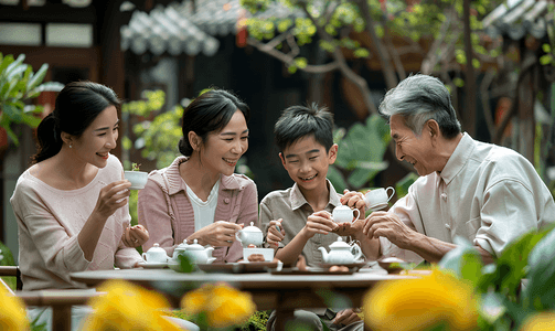 全身像摄影照片_亚洲人幸福家庭在院子里喝茶