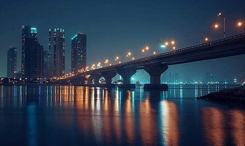 蓝色弧线摄影照片_跨海大桥城市夜景