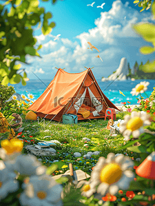 梦幻背景图片_帐篷露营用品鲜花绿草3D卡通游戏场景