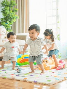 摄影照片_亚洲人幼儿园儿童在娱乐室玩耍