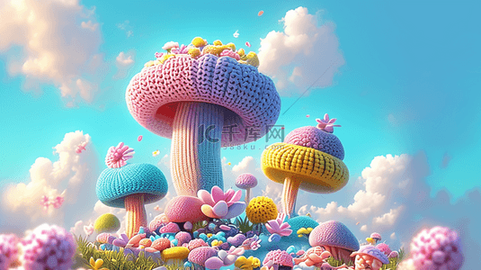 可爱春日背景图片_春天可爱卡通毛线蘑菇童话蘑菇屋背景图