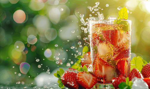 夏日清凉饮品海报摄影照片_水果茶冰饮草莓气泡水