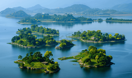 小岛秀夫摄影照片_杭州千岛湖的很多小岛