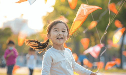 亚洲人快乐的小朋友在公园里放风筝