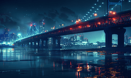 蓝色弧线摄影照片_跨海大桥城市夜景