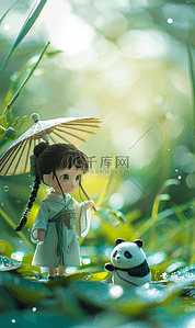 动漫人物3d背景图片_3D人物小女孩带了一只熊猫动漫风格