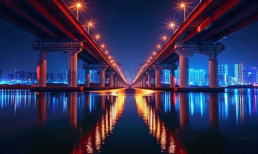 蓝色弧线摄影照片_跨海大桥城市夜景