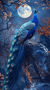 油画背景摄影照片_一只蓝孔雀站在太湖石上