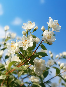 白色茉莉花淡蓝色天空摄影照片