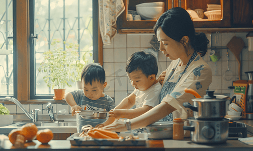 家务劳动摄影照片_亚洲人年轻妈妈和儿子在厨房