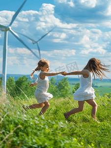 绿色草坪上拿着风车奔跑的两个小女孩