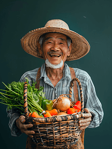 亚洲人兴奋的农民拿着一筐蔬菜