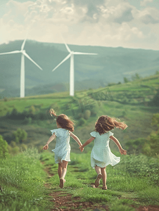 绿色草坪上拿着风车奔跑的两个小女孩
