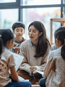 校服女孩摄影照片_亚洲人年轻老师和小学生们讨论问题