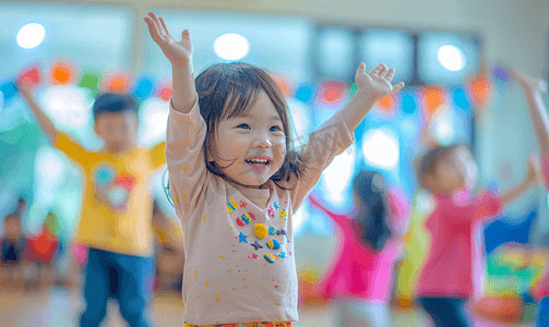 可爱幼儿园摄影照片_亚洲人幼儿园儿童在娱乐室玩耍