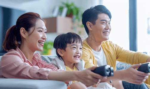 亚洲人幸福家庭在看电视