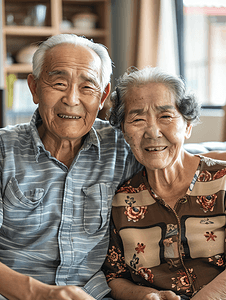 亚洲人幸福的老年夫妇在客厅