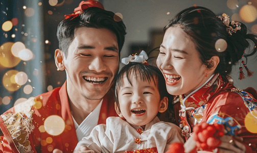 儿童红包摄影照片_亚洲人幸福家庭过新年
