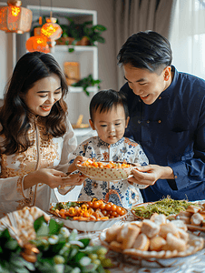 亚洲人快乐家庭准备年夜饭