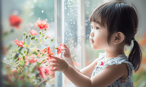 中式剪纸剪纸摄影照片_亚洲人可爱的小女孩贴窗花