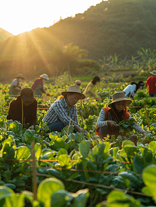 自然农民摄影照片_亚洲人科研人员和农民在菜地里交流技术