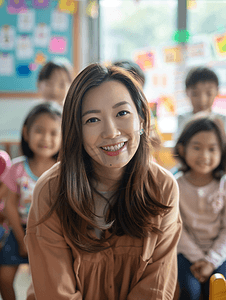 亚洲人老师和小学生们在教室里