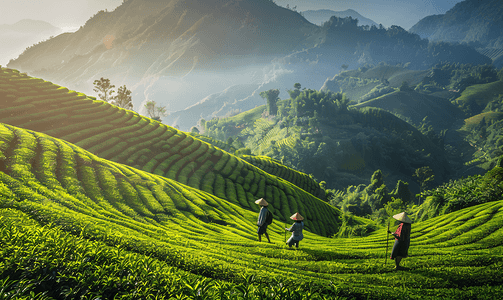 凉青茶叶摄影照片_自然茶园茶叶采茶人