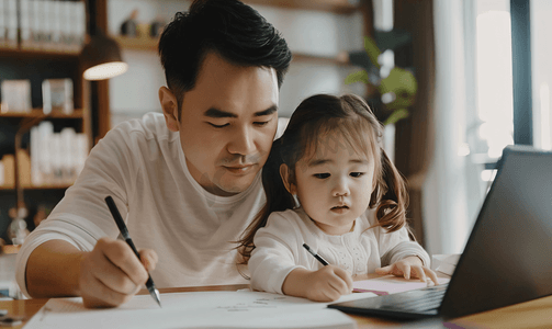 亚洲人辅导女儿做作业的青年男人