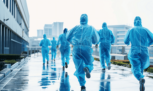 亚洲人穿着防护服奔跑的医疗团队背影