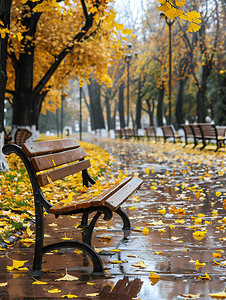 下雨图片摄影照片_秋季下雨天公园里的长凳银杏落叶