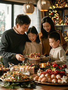 亚洲人快乐家庭准备年夜饭