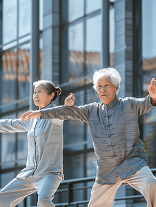 亚洲人老年夫妇正在练太极拳