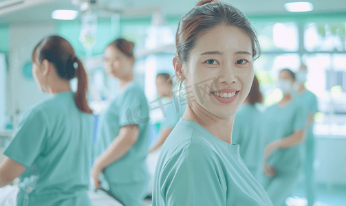 亚洲人护士帮助患者康复锻炼