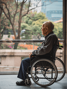 养老图片摄影照片_亚洲人孤独的老人坐在轮椅上
