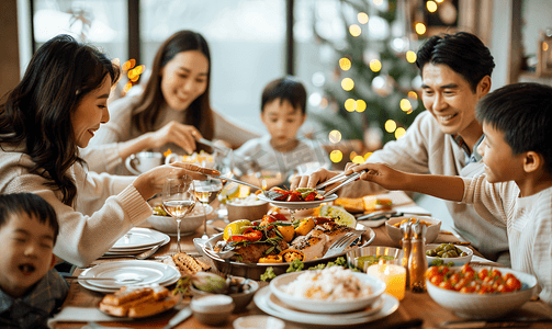 新年到摄影照片_亚洲人幸福东方家庭过年吃年夜饭