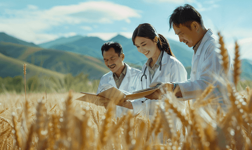 亚洲人科研人员和农民在麦田里交流技术
