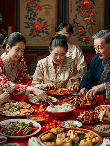 家庭聚餐摄影照片_亚洲人名门望族家庭聚餐