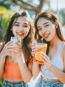 亚洲人快乐的青年女人品尝夏日饮品