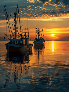 金黄色图片摄影照片_夕阳下的渔船