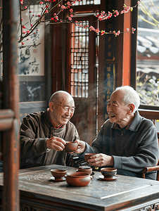 老年沙发摄影照片_亚洲人快乐的老年人们在客厅喝茶聊天