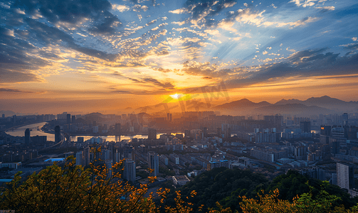 小区门头摄影照片_城市夕阳梧桐山