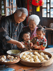 亚洲人幸福家庭过年包饺子