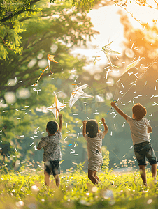 摄影照片_亚洲人快乐的小朋友在公园里放风筝