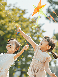 小朋友手拉手画摄影照片_亚洲人快乐的小朋友在公园里放风筝