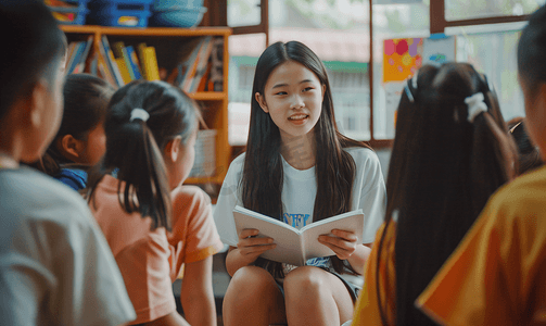 亚洲人年轻老师和小学生们讨论问题
