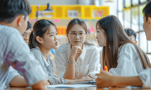 亚洲人年轻老师和小学生们讨论问题