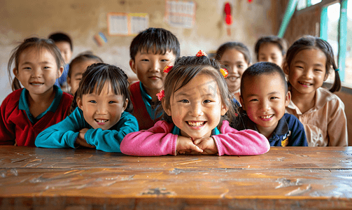 乐观图片摄影照片_亚洲人乡村小学里的小学生