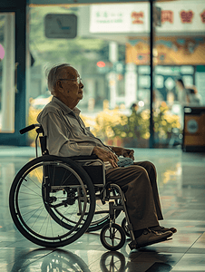亚洲人孤独的老人坐在轮椅上