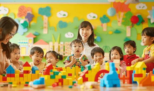 幼儿园升旗摄影照片_亚洲人老师和儿童在幼儿园里